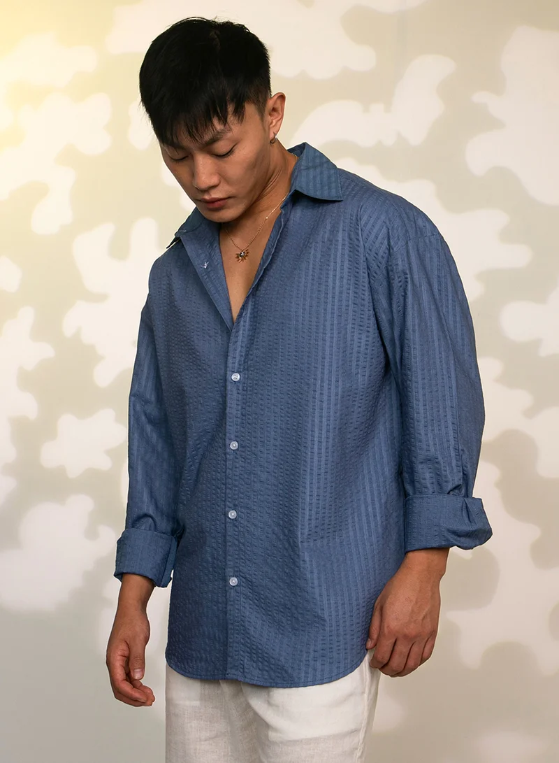 Campus Sutra Campus Sutra Men's Lapis Blue Candy-Textured Shirt For Casual Wear | Spread collor | Long Sleeve | Button Closure | Shirt Crafted With Comfort Fit For Everyday Wear