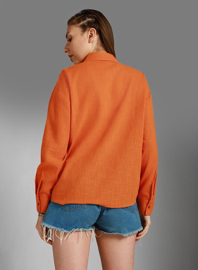 HIGH STAR Women'S Orange 100% Cotton Solid Pattern Button Down Shirt - Image 3
