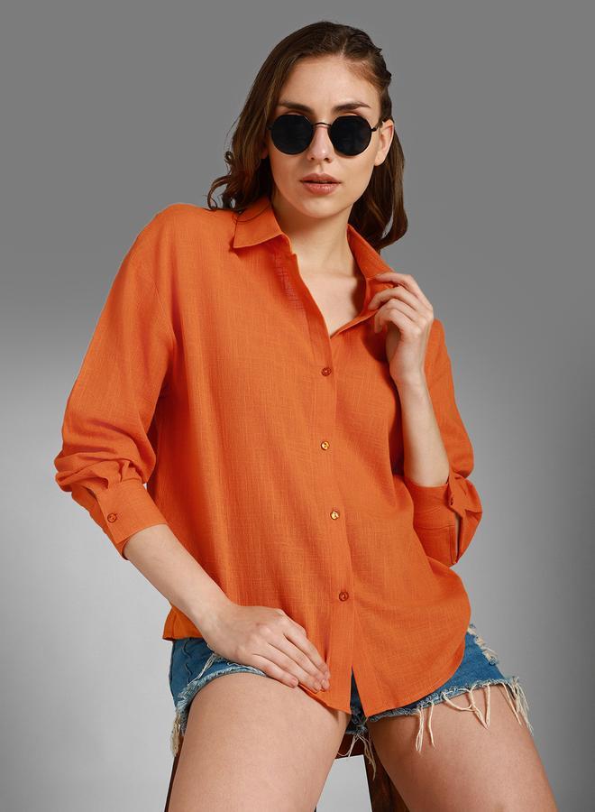 HIGH STAR Women'S Orange 100% Cotton Solid Pattern Button Down Shirt - Image 5