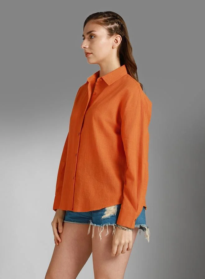HIGH STAR Women'S Orange 100% Cotton Solid Pattern Button Down Shirt