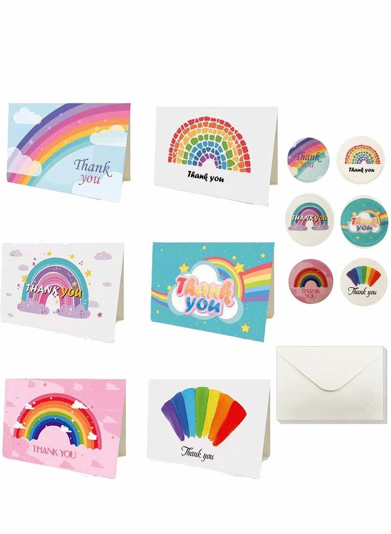 Rainbow Pattern Holiday Wishes Thank You Greeting Cards, 24 Pieces Folding Gift Cards with Envelopes and Thank You Stickers for Anniversary Graduation Teacher's Mother's Day - Image 1