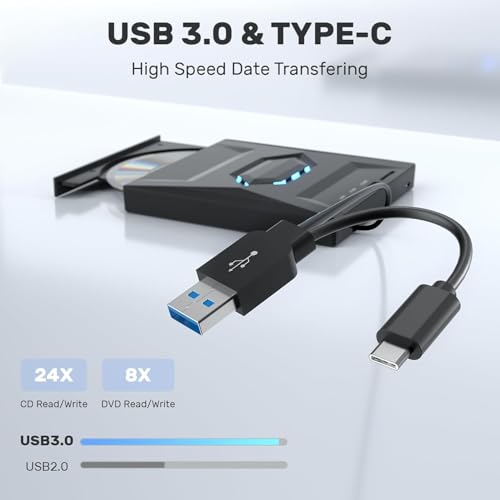 atdaraz External CD DVD Drive for Laptop, USB C Portable CD/DVD +/-RW Burner for Laptop with SD Card Reader USB 3.0 Type C Hub Compatible with Laptop PC Windows Linux (External DVD Writer 5 in 1) - Image 3
