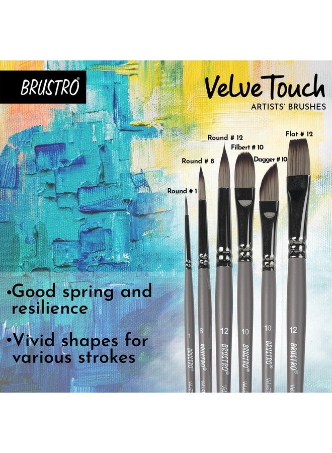 BRUSTRO فرش الفنانين BRUSTRO VelveTouch | مجموعة من 6 | غواش، أكريليك، ألوان مائية، ودهان زيتي | مقبض قصير، شعيرات صناعية، دائري، فيلبيرت، خنجر، شكل مسطح - Image 5