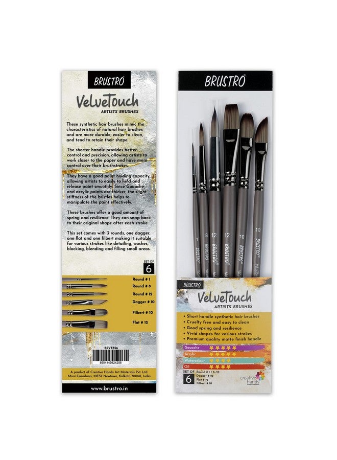BRUSTRO فرش الفنانين BRUSTRO VelveTouch | مجموعة من 6 | غواش، أكريليك، ألوان مائية، ودهان زيتي | مقبض قصير، شعيرات صناعية، دائري، فيلبيرت، خنجر، شكل مسطح - Image 2