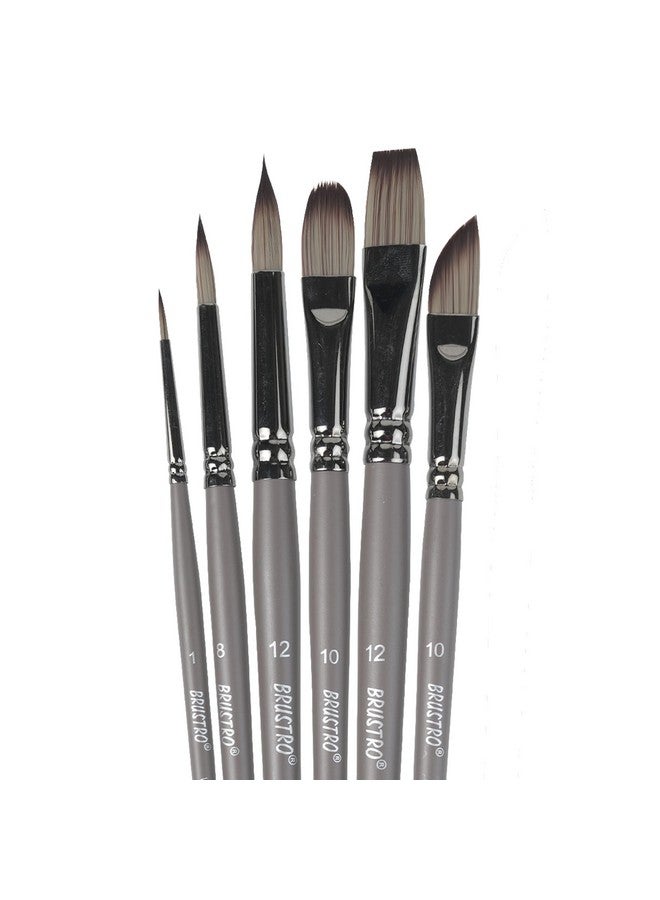 BRUSTRO فرش الفنانين BRUSTRO VelveTouch | مجموعة من 6 | غواش، أكريليك، ألوان مائية، ودهان زيتي | مقبض قصير، شعيرات صناعية، دائري، فيلبيرت، خنجر، شكل مسطح - Image 1