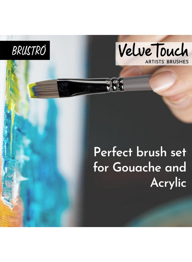 BRUSTRO فرش الفنانين BRUSTRO VelveTouch | مجموعة من 6 | غواش، أكريليك، ألوان مائية، ودهان زيتي | مقبض قصير، شعيرات صناعية، دائري، فيلبيرت، خنجر، شكل مسطح - Image 4