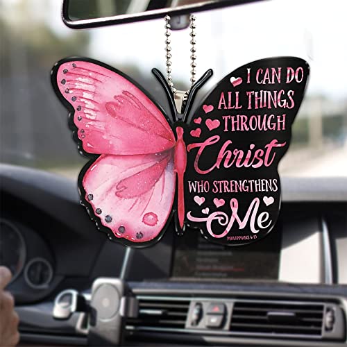 Talataca Pink Butterfly I Can Do All Things Through Christ Strengthens Me 2D Flat Car Rear View Mirror Accessories Christmas Tree Ornament Decoration Hanging Charm Interior Rearview Pendant Decor Gift - Image 1