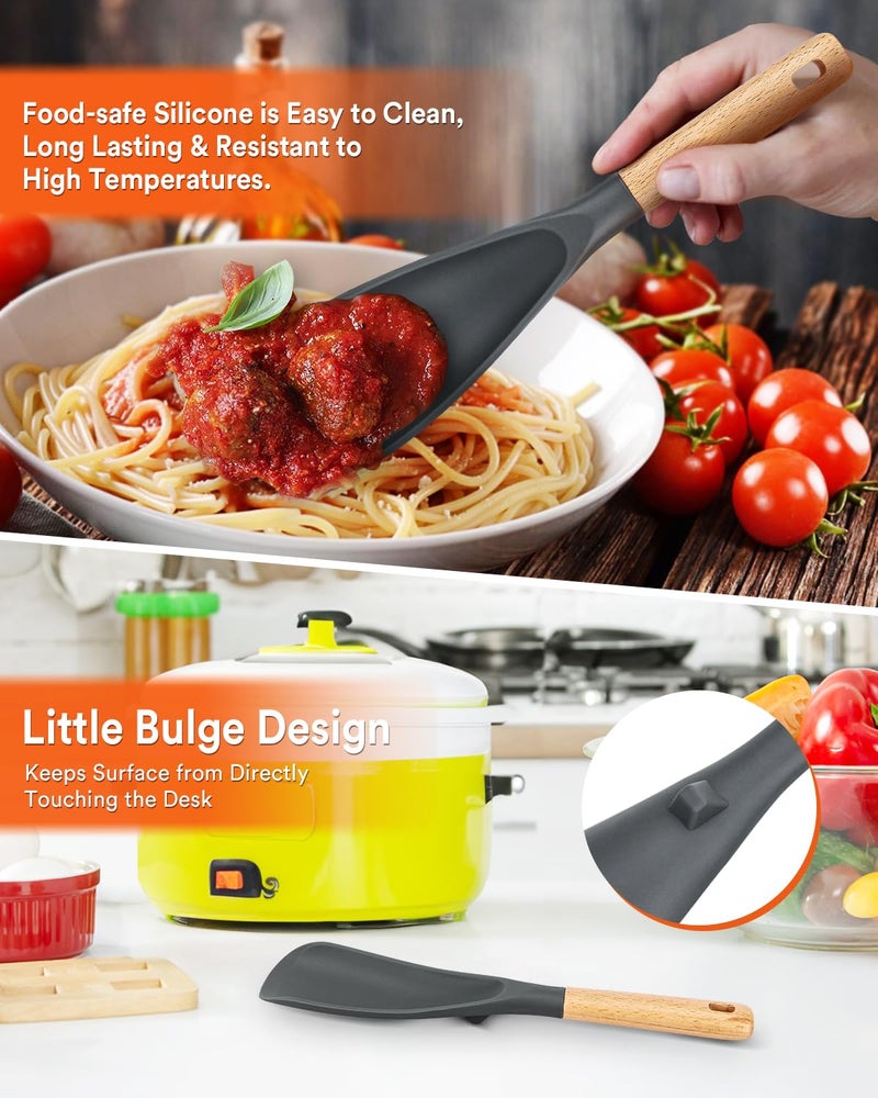 Badiano Cooking Spoon and Rice Scooper for Nonstick Cookwares, Great for Cooking and Serving Sturdy BPA-Free Matte Silicone, Wood Handle Spoon for Mixing, Scoop, and Scrape (GREY) - Image 4