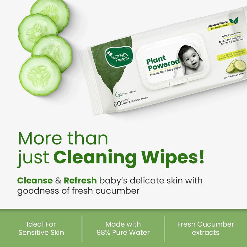 Mother Sparsh Natural Care Baby Wipes - 60 Pcs (Pack of 6) - Plant Powered Wet Wipes with Cucumber Extract - Image 3