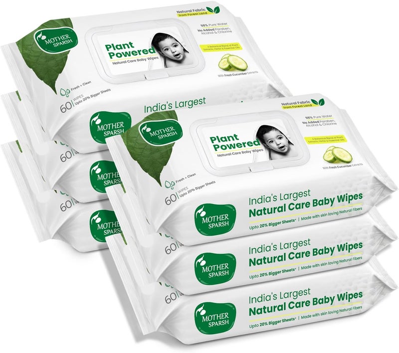 Mother Sparsh Natural Care Baby Wipes - 60 Pcs (Pack of 6) - Plant Powered Wet Wipes with Cucumber Extract - Image 1