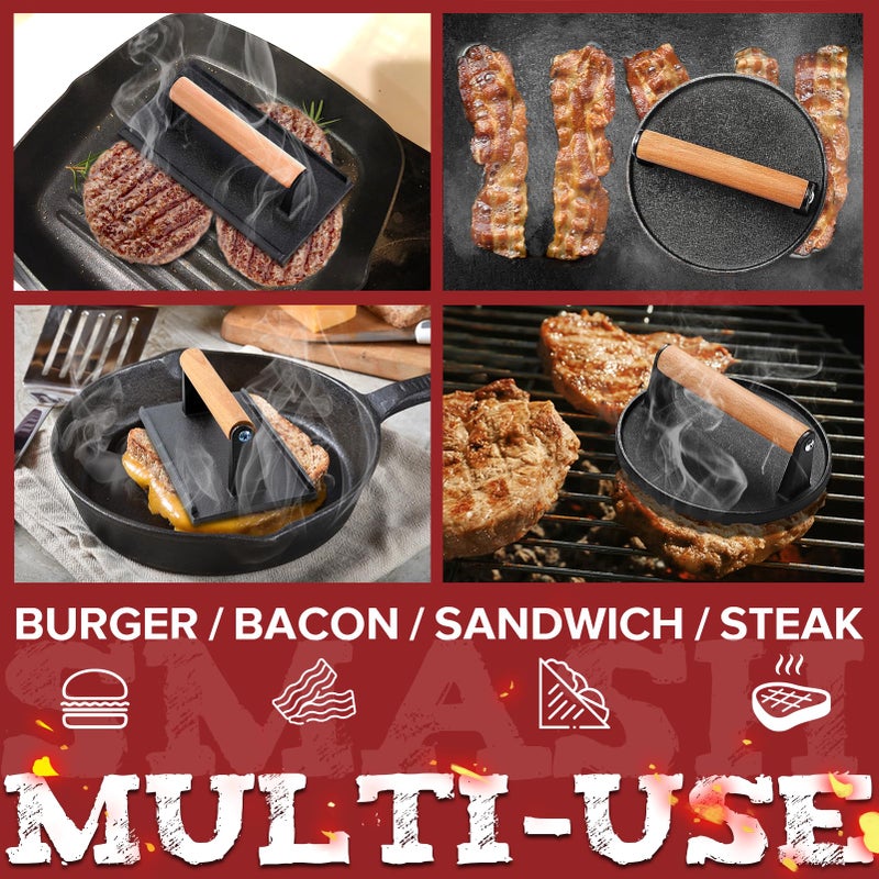 Grilliance 5pcs Smash Burger Press Kit, 3 in 1 Hamburger Press Patty Maker, Cast Iron Burger Press Round & Rectangle, 100pcs Wax Paper for Grill, Griddle, Flat top, Kitchen, Cooking - Image 4