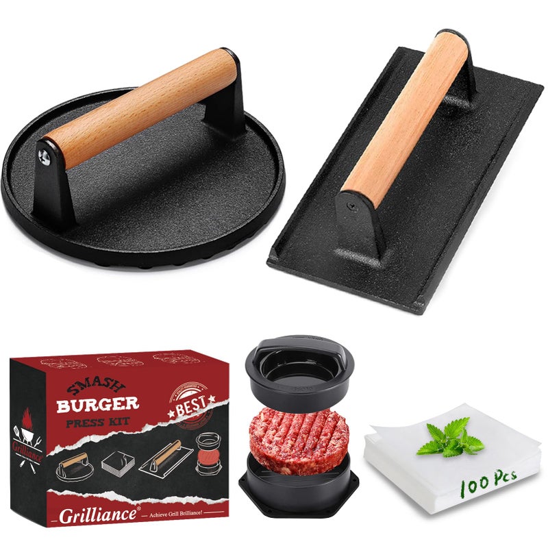 Grilliance 5pcs Smash Burger Press Kit, 3 in 1 Hamburger Press Patty Maker, Cast Iron Burger Press Round & Rectangle, 100pcs Wax Paper for Grill, Griddle, Flat top, Kitchen, Cooking - Image 1