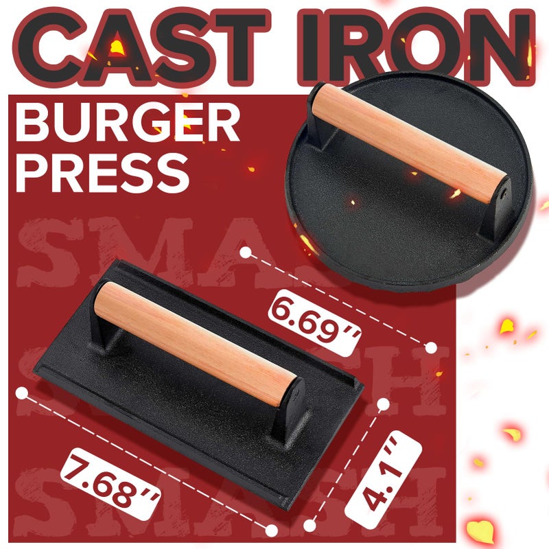 Grilliance 5pcs Smash Burger Press Kit, 3 in 1 Hamburger Press Patty Maker, Cast Iron Burger Press Round & Rectangle, 100pcs Wax Paper for Grill, Griddle, Flat top, Kitchen, Cooking - Image 2