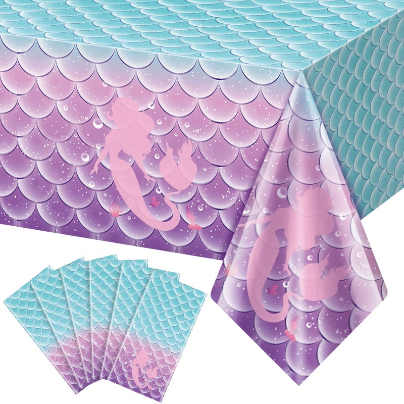 6Pcs Mermaid Birthday Party Tablecloth DecorationsDisposable Plastic Table Cover for Princess Under The Sea Baby Shower Themed Kids Birthday Party Supplies108x54 Inch