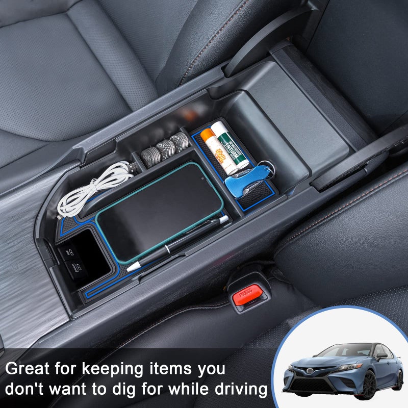TOPINSTALL Blue Center Console Tray Compatible with 2018-2024 Toyota Camry XLE XSE and 2020-2023 2024 Camry LE SE with Dual USB Ports, Interior Accessories Armrest Console Organizer (Not for 2025) - Image 5