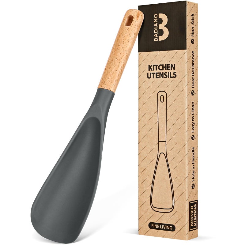 Badiano Cooking Spoon for Nonstick Cookwares, Great for Cooking and Serving Sturdy BPA-Free Matte Silicone, Wood Handle Spoon for Mixing, Scoop, and Scrape (GREY, 11.4 inch) - Image 1