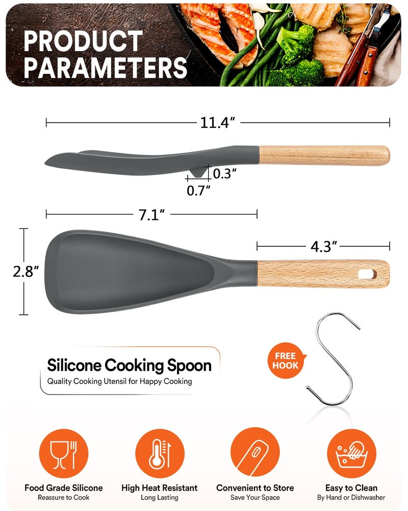 Badiano Cooking Spoon for Nonstick Cookwares, Great for Cooking and Serving Sturdy BPA-Free Matte Silicone, Wood Handle Spoon for Mixing, Scoop, and Scrape (GREY, 11.4 inch) - Image 2