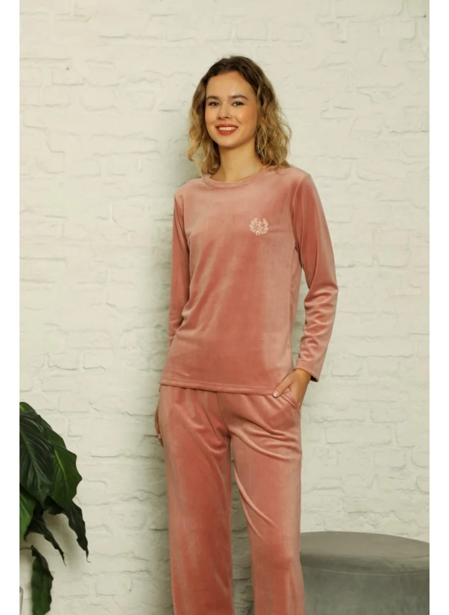 Bie'S Women's Crew Neck Silky Velvet Winter Long Sleeve Pocket Pajama Set