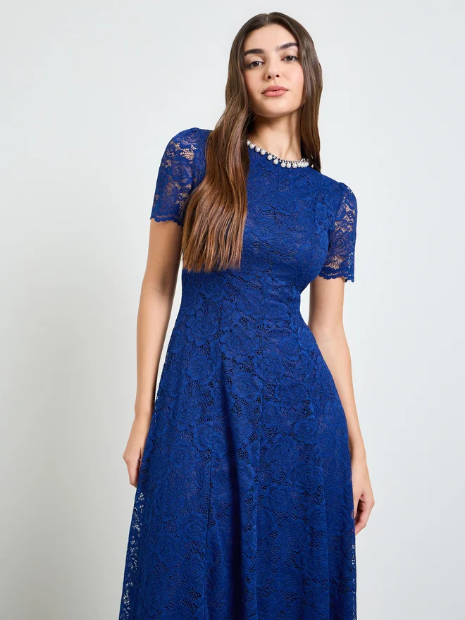 Styli Blue Lace A-Line Midi Dress with Embellishment