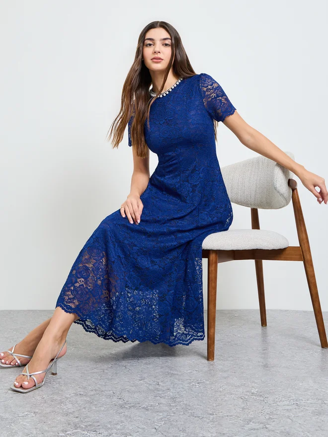 Styli Blue Lace A-Line Midi Dress with Embellishment