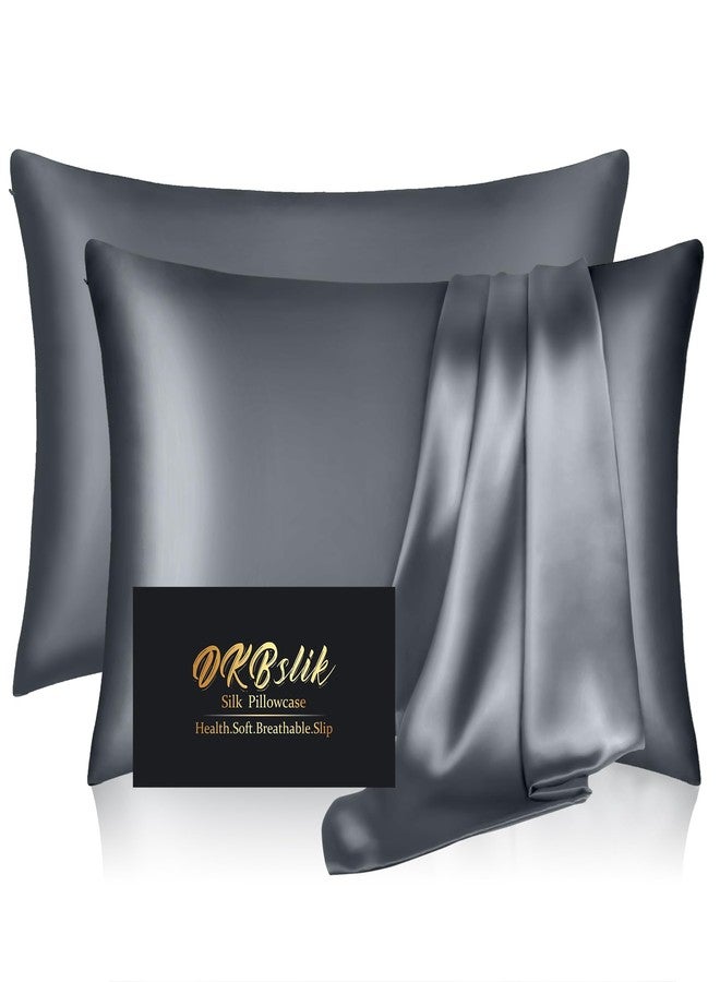 DKBslik Silk Pillow Cases 2 Pack, Mulberry Silk Pillowcases Standard Set of 2, Smooth, Anti Acne, Both Sides Natural Silk Satin Pillow Cases for Sleeping Women 2 Pack with Zipper, Space Grey - Image 1