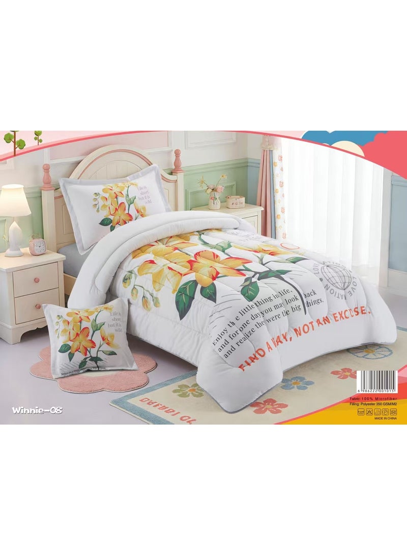 A soft, medium-fill 4-piece children's quilt and bedding set for boys and girls, featuring a modern print and double-sided stitching; soft and breathable.