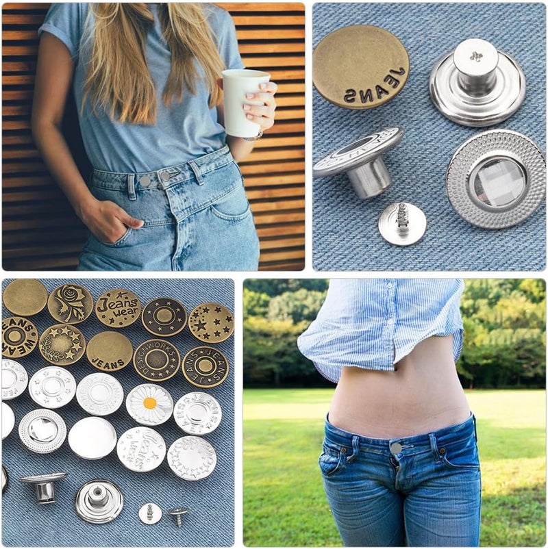 WOONEKY 48pcs Adjustable Metal Jeans Buttons No Sew Replacement DIY Accessories Silver Waistband Extender for Pants and Trousers Tailoring - Image 3