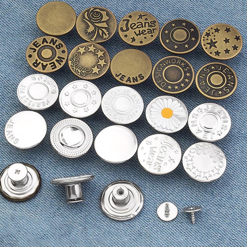 WOONEKY 48pcs Adjustable Metal Jeans Buttons No Sew Replacement DIY Accessories Silver Waistband Extender for Pants and Trousers Tailoring - Image 5