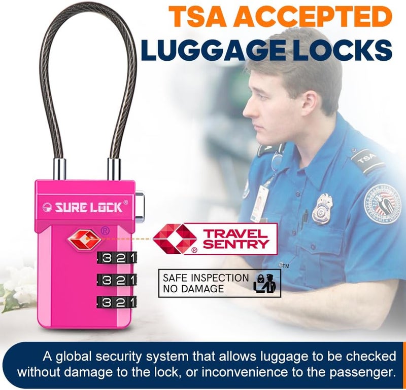 SURE LOCK TSA Approved 3-Digit Combination Luggage Locks – Open Alert Indicator, Re-settable Code with Zinc Alloy Body, Easy-Read Dials for Suitcase, Backpack, Gym Locker & Toolbox (Multiple Colors) - Image 2