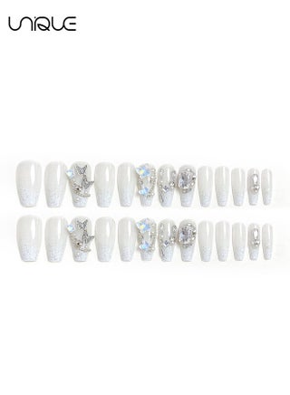 24 Pcs Fake Nails - Salon-Quality Wearable Nails - Press Nails - Mid-length Ballet Manicure - 3D Rhinestone Butterfly Nail Art - Diamond-studded Pearl Sparkling Nail Art - 3D Butterfly Nail Art Series - Fake Nail Patch - view 3