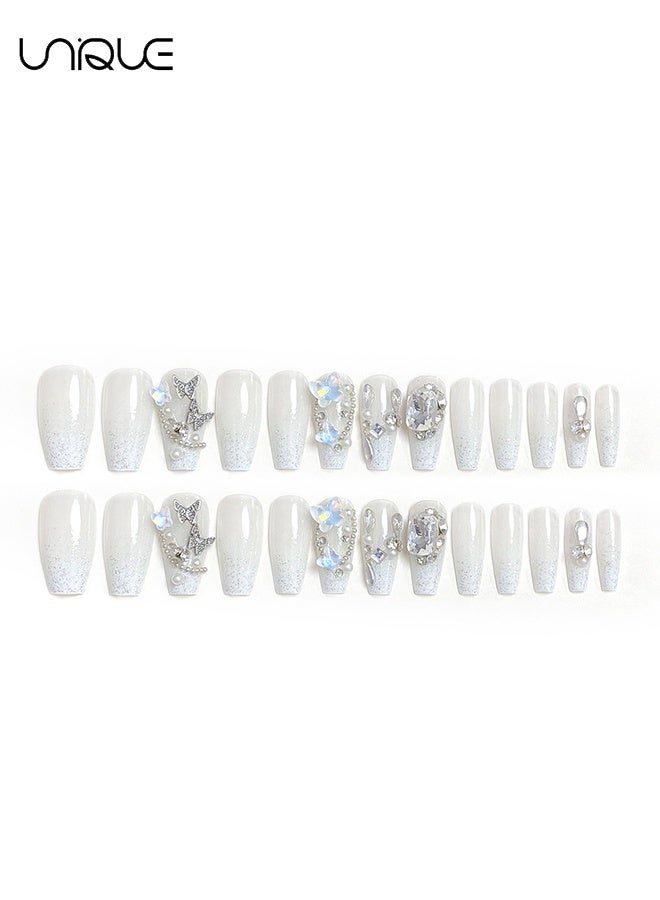 يونيك أظافر صناعية 24 قطعة - أظافر قابلة للارتداء بجودة صالونات - أظافر مكبس - مانيكير باليه متوسط الطول - فن أظافر الفراشة ثلاثي الأبعاد بحجر الراين - فن أظافر بريق مرصع بالألماس - سلسلة فن أظافر الفراشة ثلاثية الأبعاد - رقعة أظافر مزيفة - Image 3