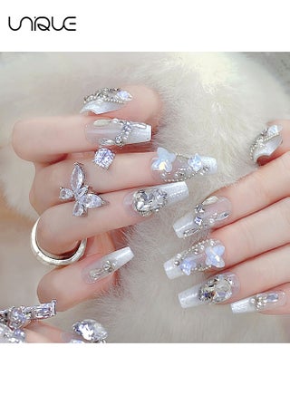 24 Pcs Fake Nails - Salon-Quality Wearable Nails - Press Nails - Mid-length Ballet Manicure - 3D Rhinestone Butterfly Nail Art - Diamond-studded Pearl Sparkling Nail Art - 3D Butterfly Nail Art Series - Fake Nail Patch - view 5