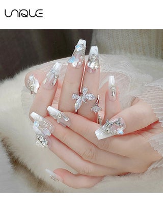 24 Pcs Fake Nails - Salon-Quality Wearable Nails - Press Nails - Mid-length Ballet Manicure - 3D Rhinestone Butterfly Nail Art - Diamond-studded Pearl Sparkling Nail Art - 3D Butterfly Nail Art Series - Fake Nail Patch - view 4