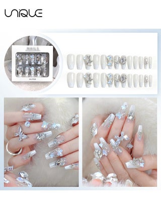 24 Pcs Fake Nails - Salon-Quality Wearable Nails - Press Nails - Mid-length Ballet Manicure - 3D Rhinestone Butterfly Nail Art - Diamond-studded Pearl Sparkling Nail Art - 3D Butterfly Nail Art Series - Fake Nail Patch - view 2