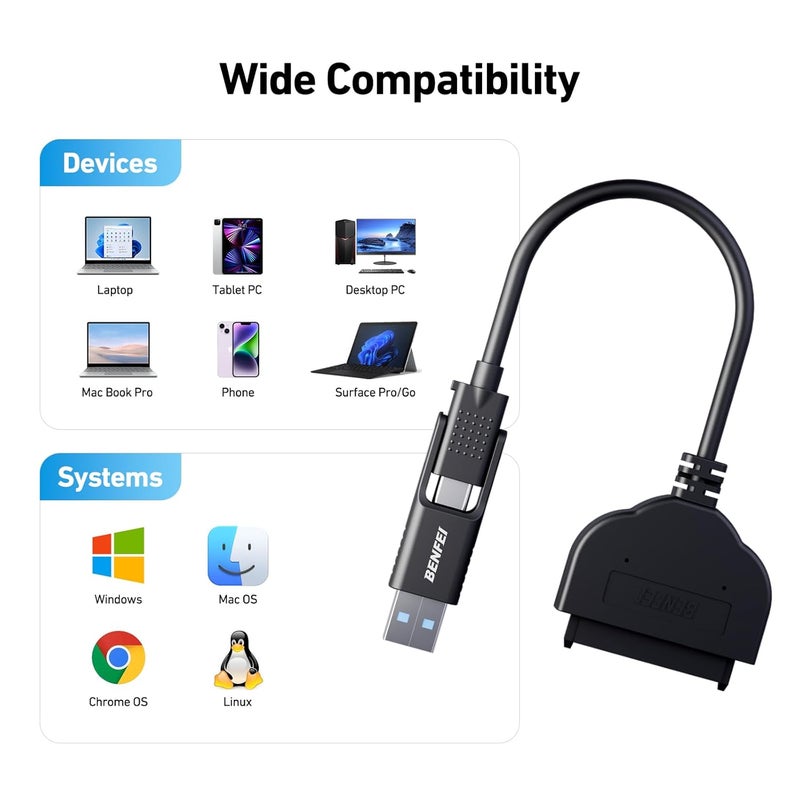 Benfei كابل SATA إلى USB، محول 2 في 1 USB-C/USB 3.0 إلى SATA III متوافق مع محركات الأقراص الصلبة HDD و SSD بحجم 2.5 بوصة - Image 5