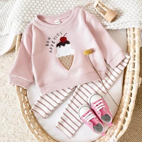 Korago Baby Girls Clothes 2-Piece Set Fall Long Sleeve Top & Pants Outfit Ice Cream Embroidery Soft Toddler Outfit 6M 18M 3T (Pink, 2-3 Years) - Image 3