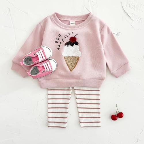 Korago Baby Girls Clothes 2-Piece Set Fall Long Sleeve Top & Pants Outfit Ice Cream Embroidery Soft Toddler Outfit 6M 18M 3T (Pink, 2-3 Years) - Image 4