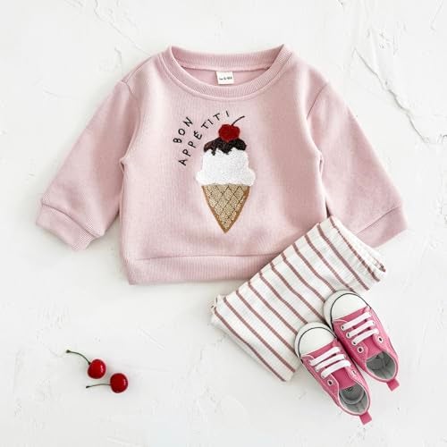 Korago Baby Girls Clothes 2-Piece Set Fall Long Sleeve Top & Pants Outfit Ice Cream Embroidery Soft Toddler Outfit 6M 18M 3T (Pink, 2-3 Years) - Image 2