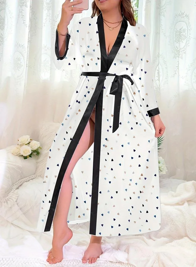 تايك تو روب ساتان بطبعة قلب مع حزام ربط مقاس كبير