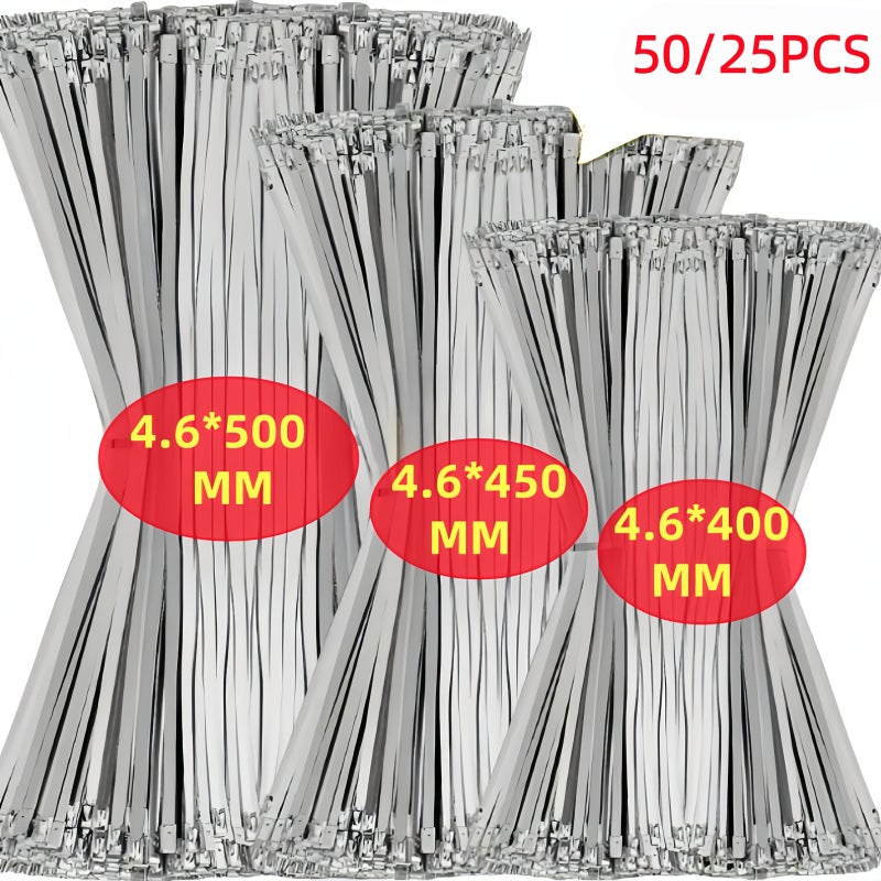 50 قطعة مقاس 4.6 × 400 مم 15.74 بوصة أربطة كابلات ستانلس ستيل فائقة التحمل ذاتية القفل بأحجام متنوعة مقاومة للتآكل ومقاومة للأشعة فوق البنفسجية للقوارب الخارجية والاستخدام الداخلي - Image 1