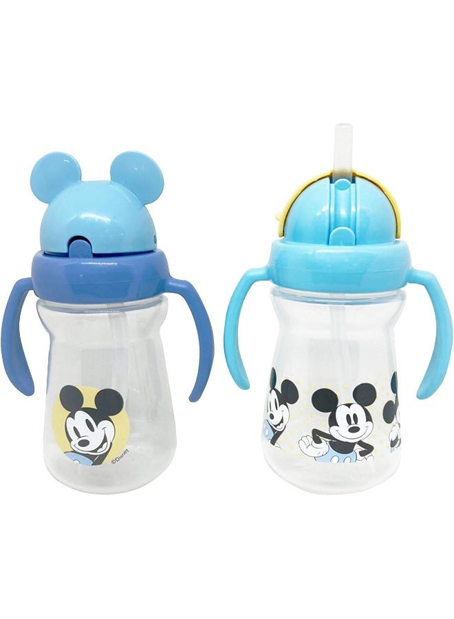 Disney Cudlie Mickey Mouse Baby Girl 2 Pack of 6 Oz Sippers Handles Pop Up Straw Character Molded Lid in Yellow & Blue - Image 1