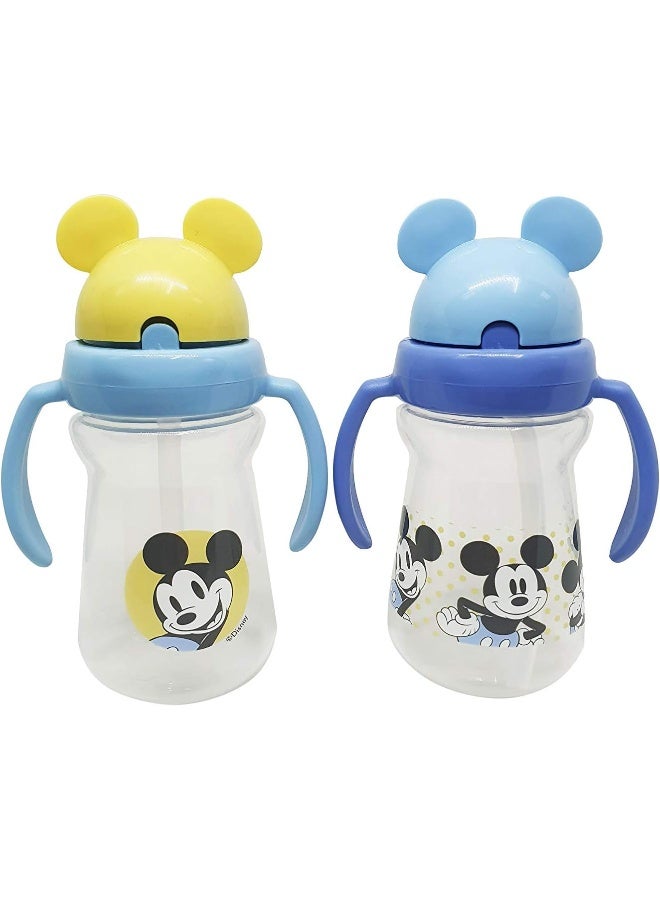 Disney Cudlie Mickey Mouse Baby Girl 2 Pack of 6 Oz Sippers Handles Pop Up Straw Character Molded Lid in Yellow & Blue - Image 2