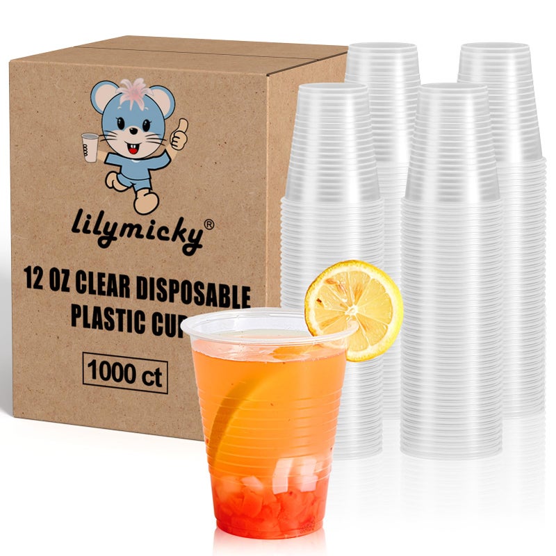 Lilymicky 1000 PACK 12 oz Clear Plastic Cups Cold Disposable Party Drinking Cups for Parties Picnic BBQ  Events