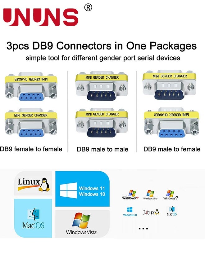 UNUNS 3 Pack Serial Adapter,DB9 Gender Changer Male To Female,9 Pin Connector Female To Female,Male To Male,RS232 Coupler Mini Size For PC Computer Data Transfer  - Image 2