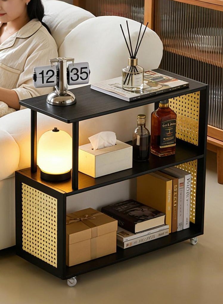 WALALLA Rolling Side Table with Storage Shelves, Slim Sofa End Table on Wheels, 3 Tier Mobile Tea Table with Rattan Style Side Panels for Living Room Bedroom Bedside Small Spaces Black - Image 1