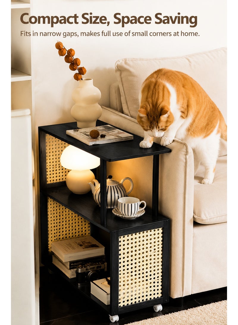WALALLA Rolling Side Table with Storage Shelves, Slim Sofa End Table on Wheels, 3 Tier Mobile Tea Table with Rattan Style Side Panels for Living Room Bedroom Bedside Small Spaces Black - Image 3