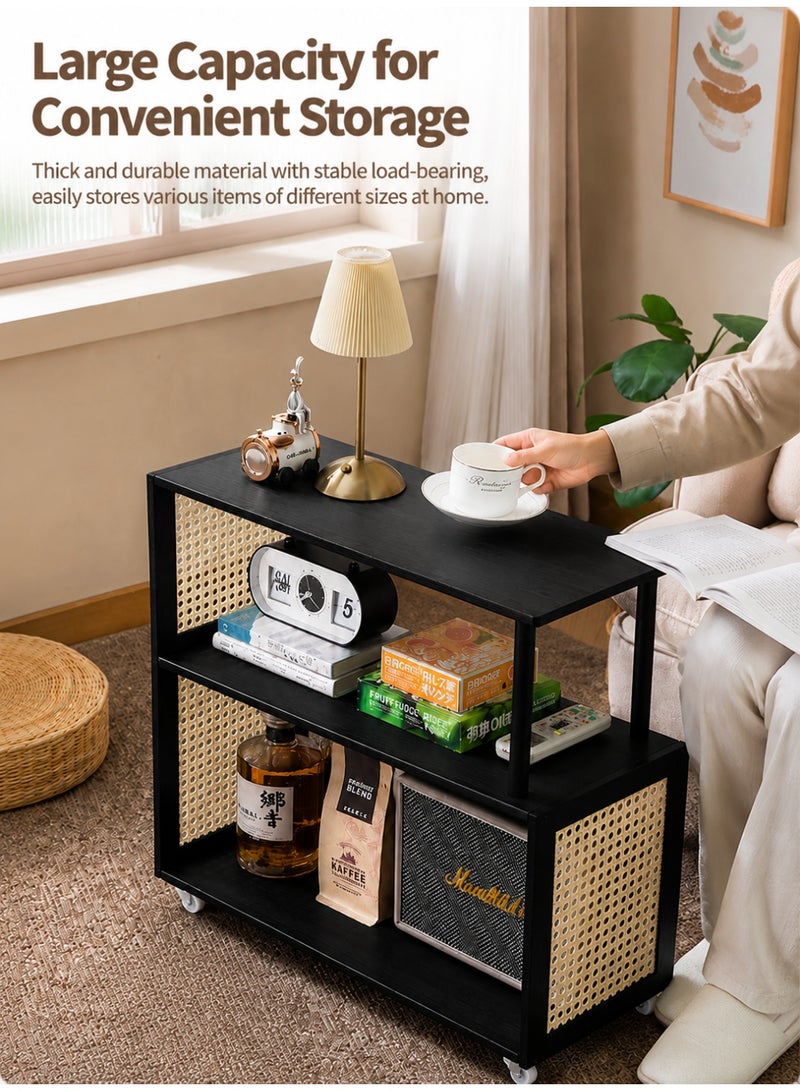WALALLA Rolling Side Table with Storage Shelves, Slim Sofa End Table on Wheels, 3 Tier Mobile Tea Table with Rattan Style Side Panels for Living Room Bedroom Bedside Small Spaces Black - Image 4