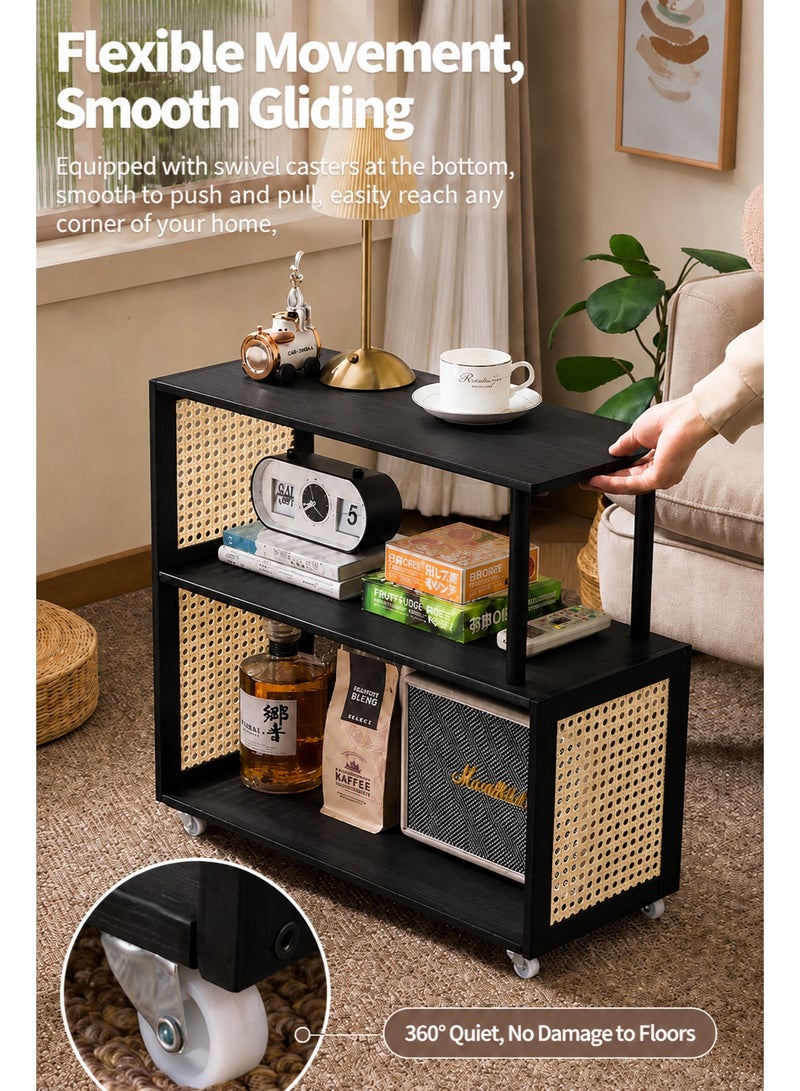 WALALLA Rolling Side Table with Storage Shelves, Slim Sofa End Table on Wheels, 3 Tier Mobile Tea Table with Rattan Style Side Panels for Living Room Bedroom Bedside Small Spaces Black - Image 2