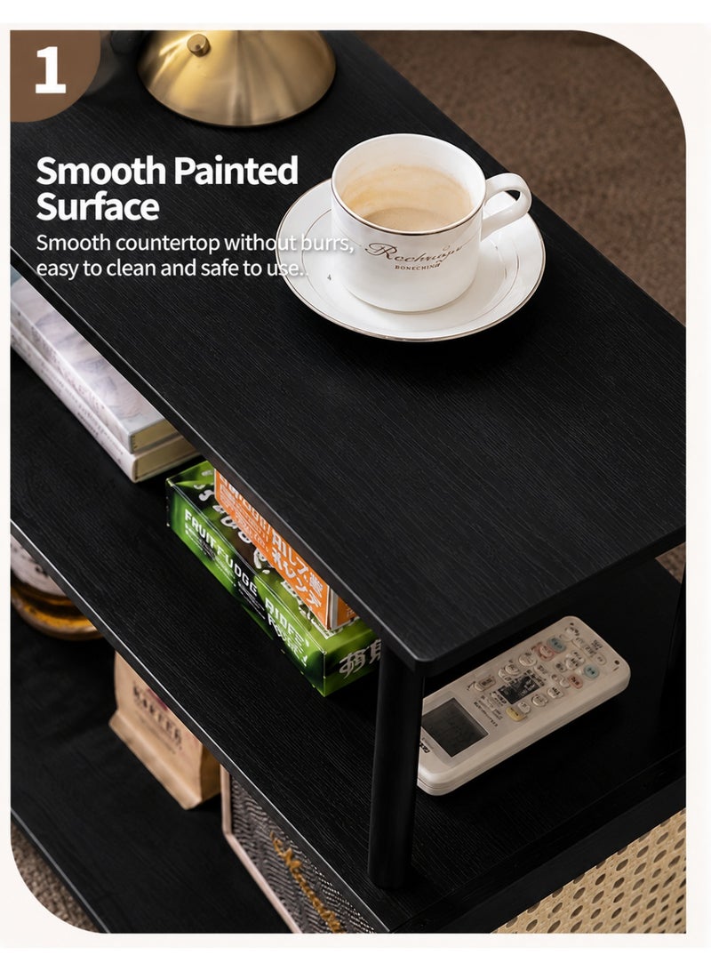 WALALLA Rolling Side Table with Storage Shelves, Slim Sofa End Table on Wheels, 3 Tier Mobile Tea Table with Rattan Style Side Panels for Living Room Bedroom Bedside Small Spaces Black - Image 5