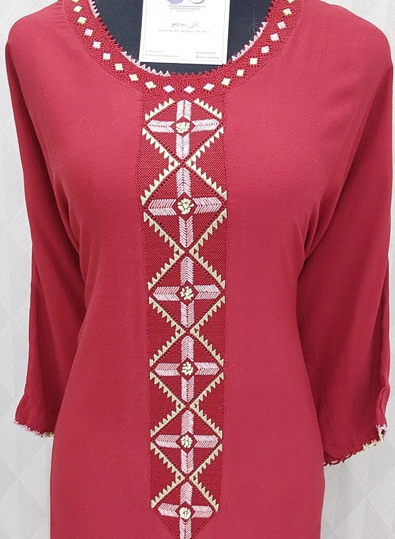 ALREESH ALBANAFSAJI RANDA MOROCCAN LONG  RED DRESS WITH HALF 3/4 SLEEVE SIZE: 58 inches L